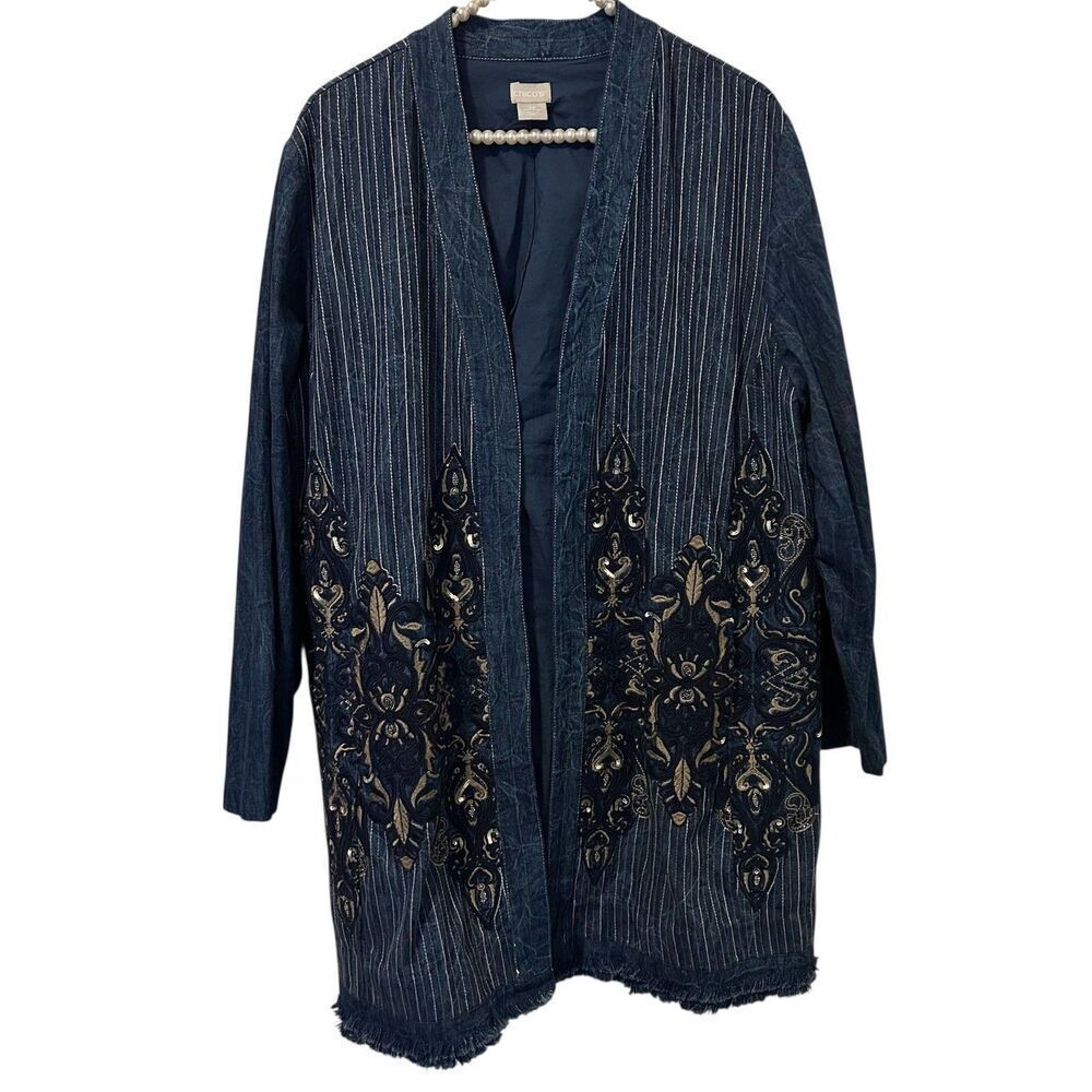 Chico's Jacket Womens 3P 16P Blue Embroidered Pinstripe Open Front Lined Kimono